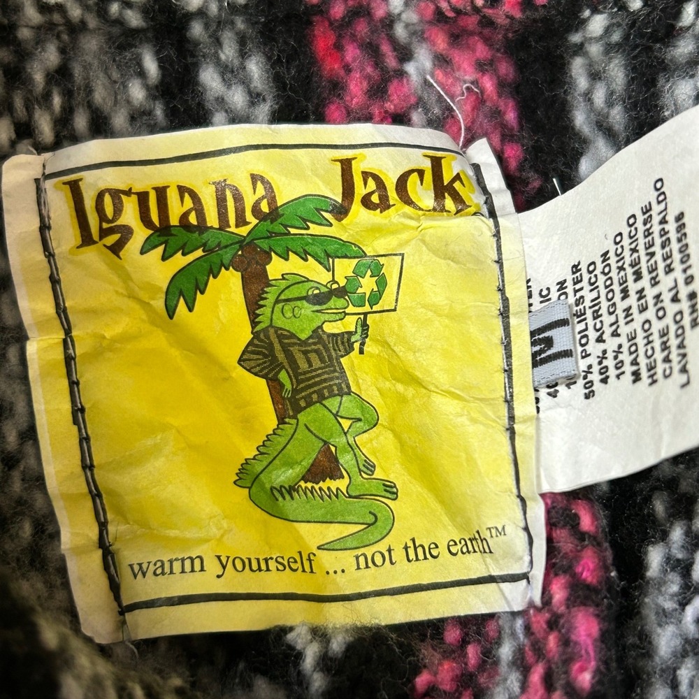 Iguana Jack Baja Hoodie Pink Black White Striped Mexican Blanket Pullover Medium - Picture 5 of 7
